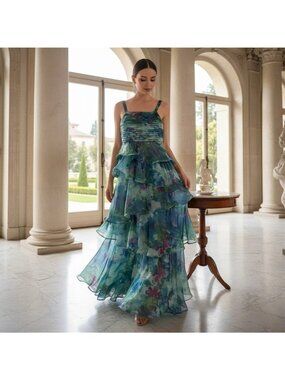Taylor Multicolor Tiered Floral Print Maxi Dress With Pleated Bodice Adjustable